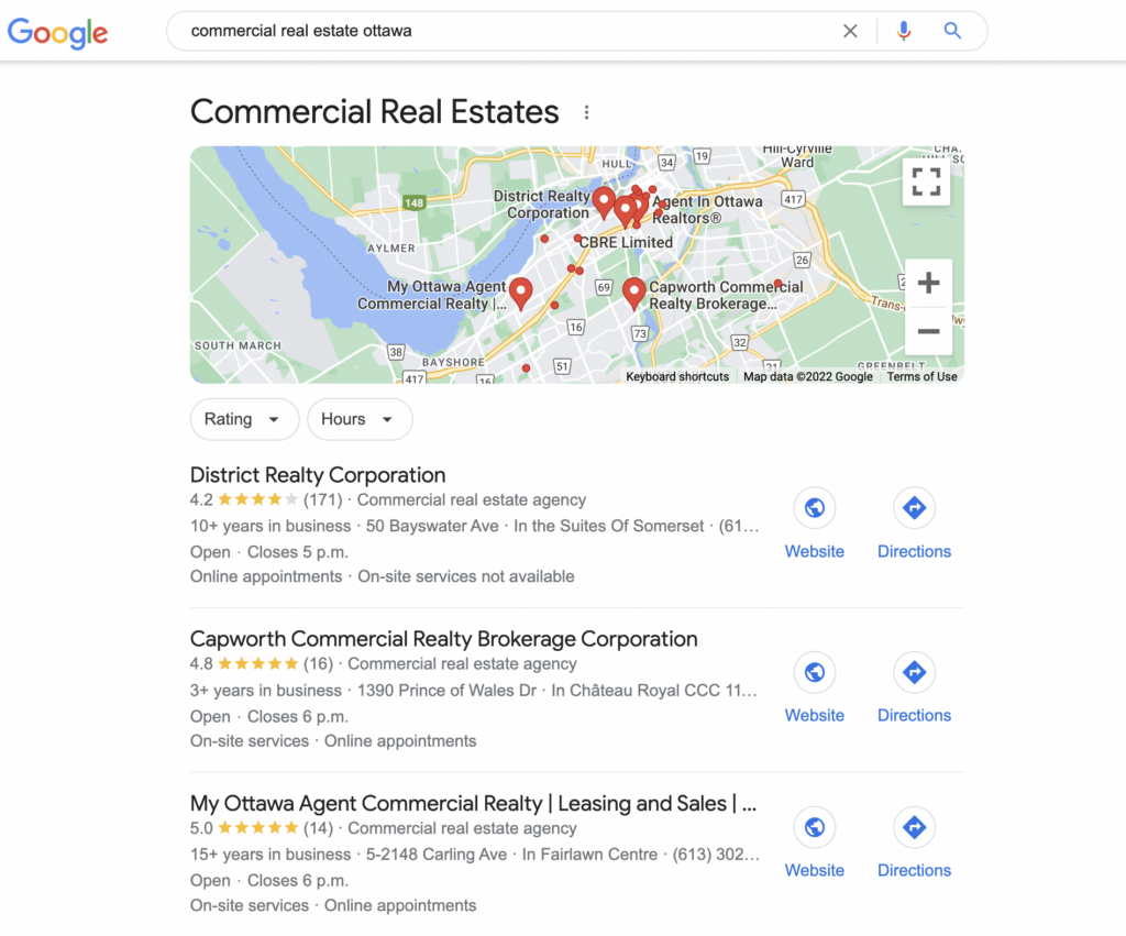 Screenshot from search for [commercial real estate Ottawa], Google