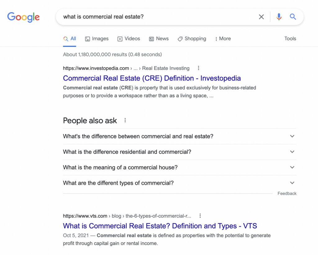 Screenshot from search for [what is commercial real estate?], Google