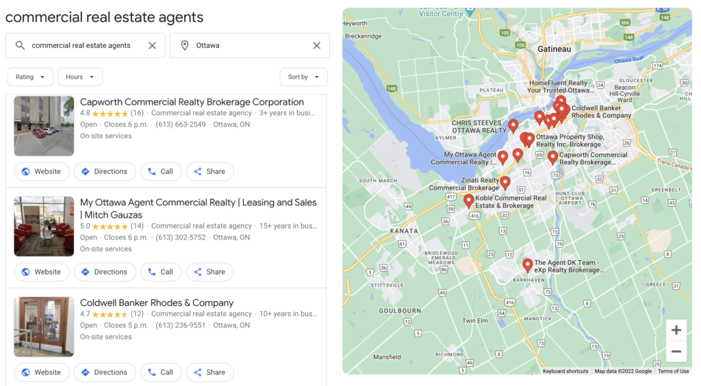 Screenshot from search for [commercial real estate agents, Ottawa], Google, May 2022