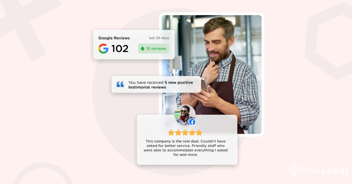 Smiling man reads new Google reviews on cell phone