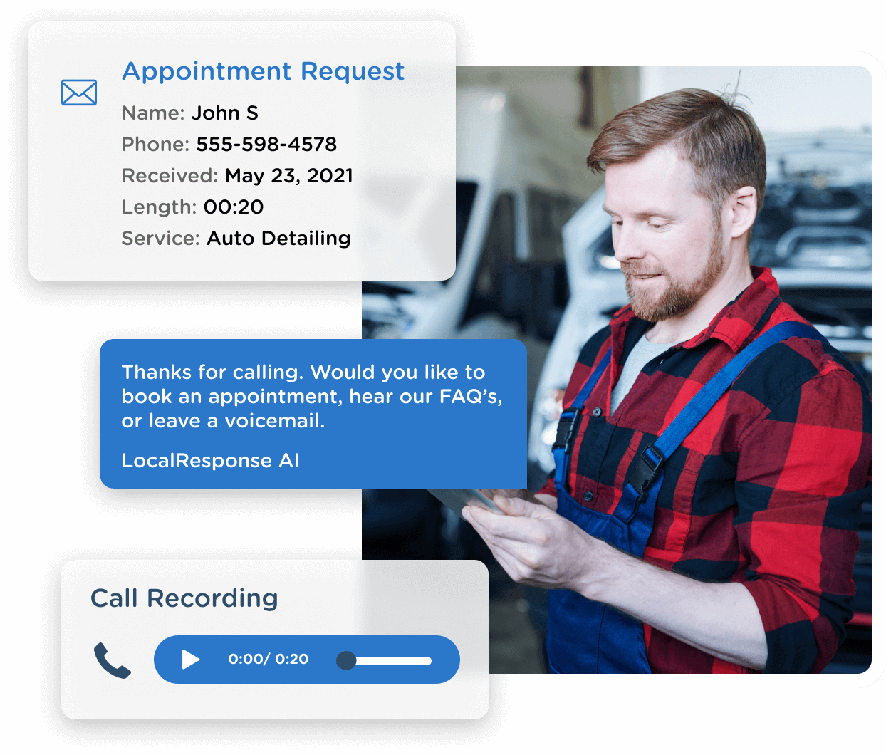 With LocalResponse, the AI-powered bot can pick up missed calls, allowing you to see call insights, including missed call information and call recordings.