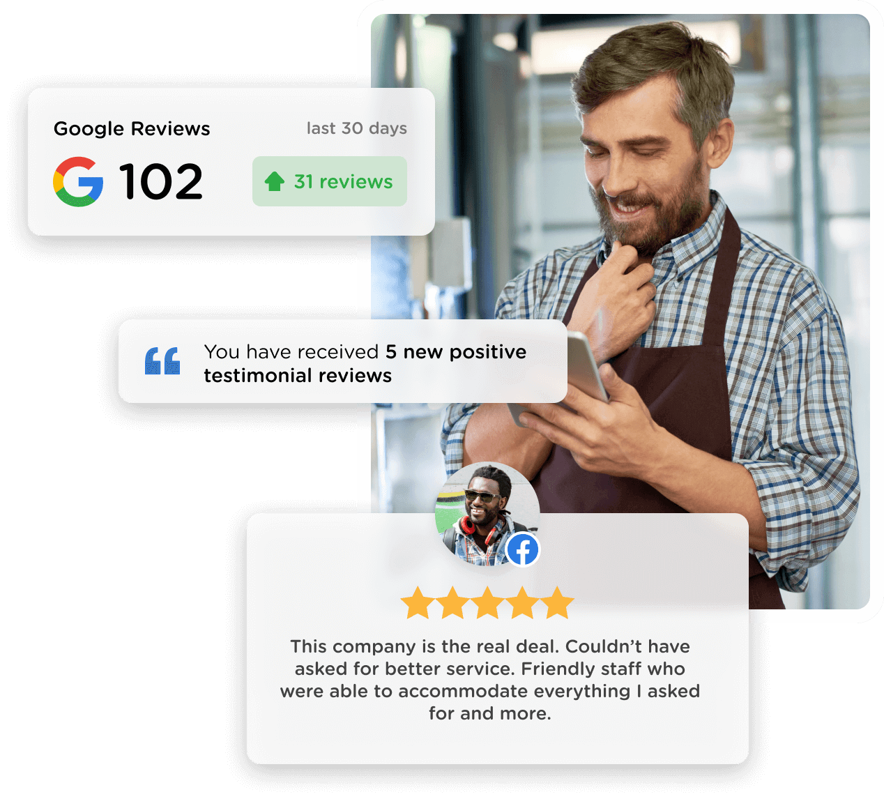 LocalReviews provides you with an easy way to collect customer feedback, including testimonials and Google reviews.