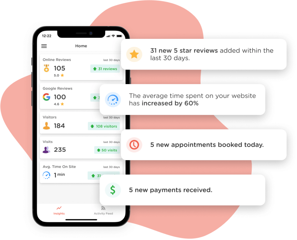 The OneLocal mobile app provides statistics and updates for new reviews, your business website, appointment booking, and payments.