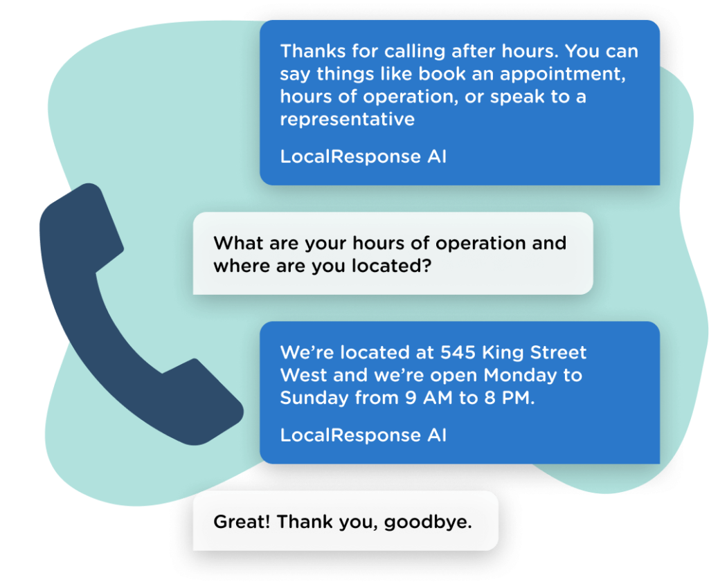 The LocalResponse AI-powered bot can answer FAQ questions, book appointments, or forward the call to an employee.