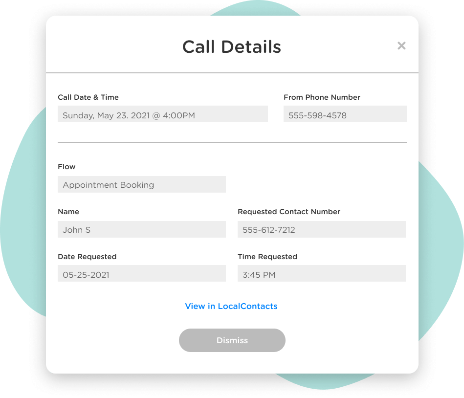 Call details are recorded in the dashboard with customer information and their inquiry.